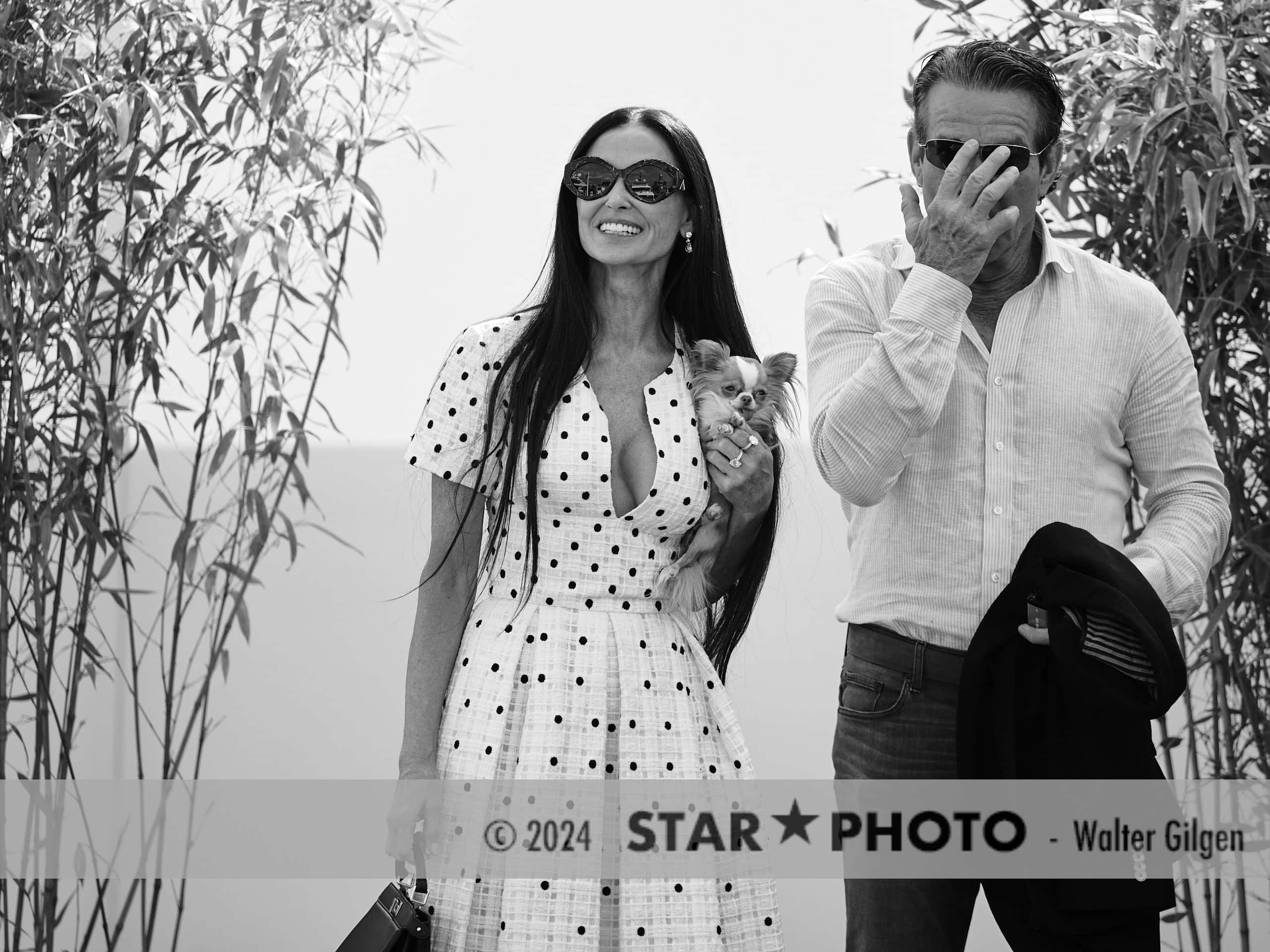 Cannes / France, 20th May, 2024.

Actress Demi Moore with dog. She is on the way to photo call Cannes film festival. 

Credits: Walter Gilgen